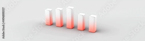 Obraz Minimalist 3D bar chart with five white columns, each shaded red at the base, displayed on a light background.