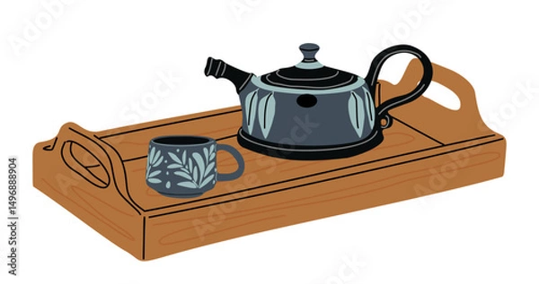 Fototapeta Wooden tray with ceramic teapot and mug. Cozy tea serving setup in flat style. Minimalist crockery illustration for kitchen, café, or home decor. Isolated on transparent background