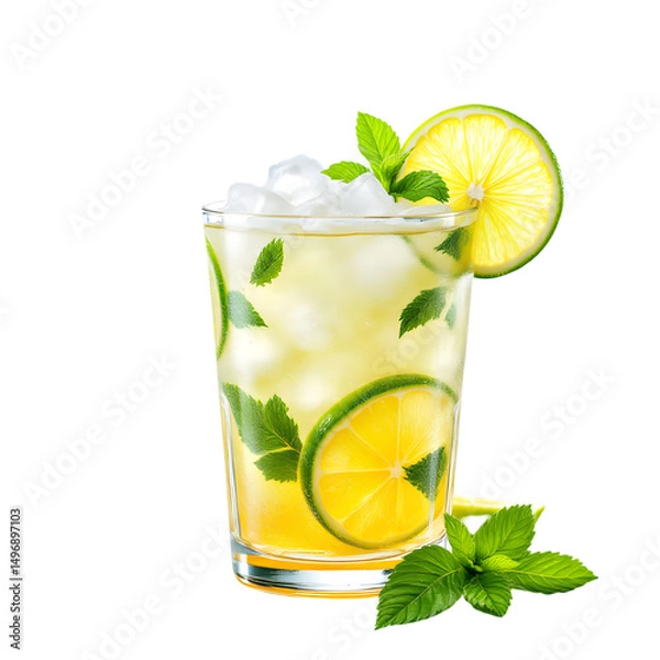 Fototapeta A refreshing mojito cocktail with lime slices and mint leaves on black background