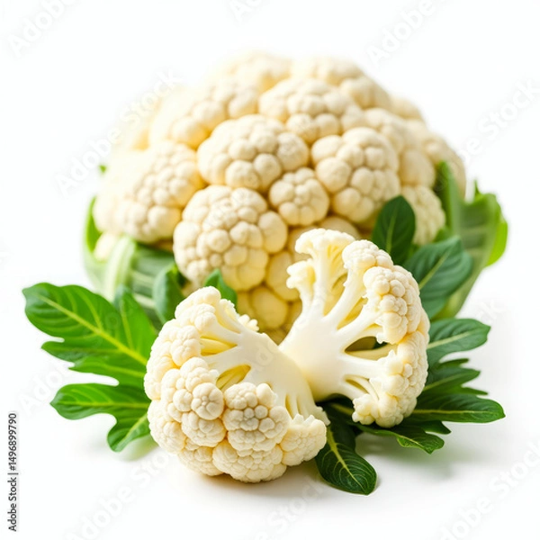 Fototapeta Realistic and Vibrant Close-Up of a Cauliflower Head with One Section Broken Off Revealing Detail