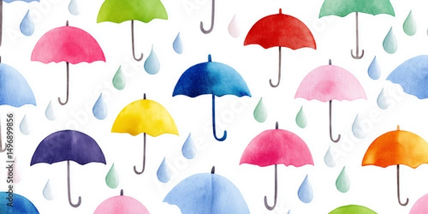 Obraz カラフルな雨傘と水滴を描いた水彩シームレスパターン｜梅雨シーズン・雨の日の風景・子ども向けデザイン・壁紙・包装紙・手描きタッチ・レイニーシーン背景素材