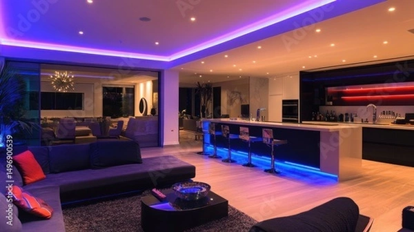 Fototapeta Sleek Open-Concept Living Space with Modern Kitchen and Ambient LED Lighting Design