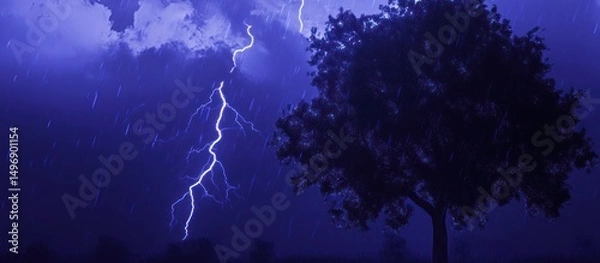 Fototapeta Electrifying storm display: A solitary tree silhouetted against a lightning-streaked sky