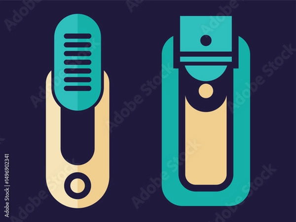 Fototapeta Simple Black and White Illustration of Nail Clippers Nail File and Stapler, Abstract illustration of two stylized objects in teal and beige.