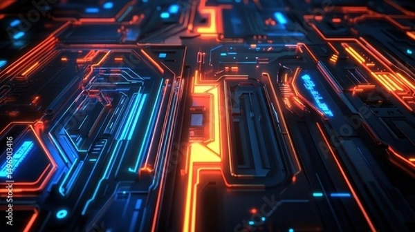 Fototapeta Abstract Futuristic Circuit Board Design with Vibrant Neon Illumination