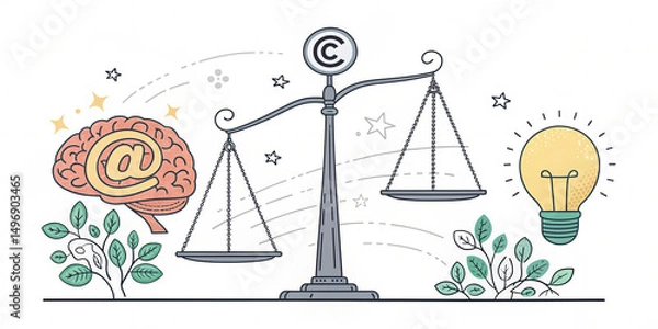 Obraz A minimalist illustration of a brain, a copyright symbol, a light bulb, and legal scales in balance