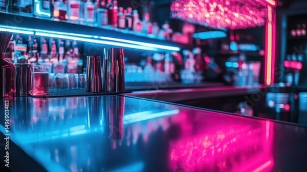 Fototapeta Vibrant night bar scene with neon lights reflecting on a sleek countertop