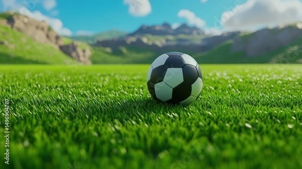 Fototapeta A Black and White Soccer Ball on a Lush Green Field with Mountain Views