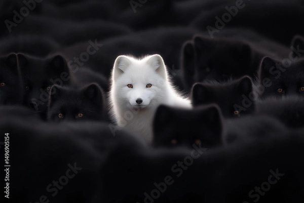 Obraz Lone White Fox Standing Out Among Black Wolves in Dark Setting