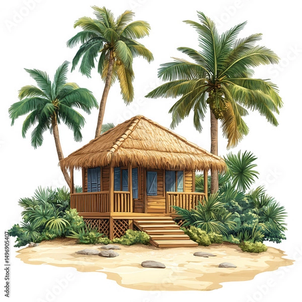 Fototapeta Tropical Beach Hut Idyllic Island Paradise Getaway Wooden Bungalow Palm Trees Summer Vacation Exotic Coastal Retreat Tranquil Scene Peaceful Escape Relaxing Holiday Dream Destination Beautiful Nature 