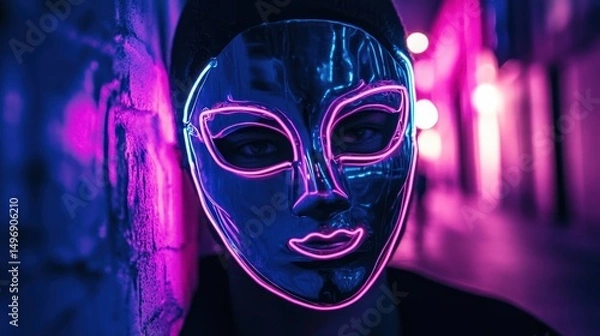 Fototapeta Luminescent Masquerade: Neon Reflections in a Cyberpunk Alleyway Enigmatic Figure