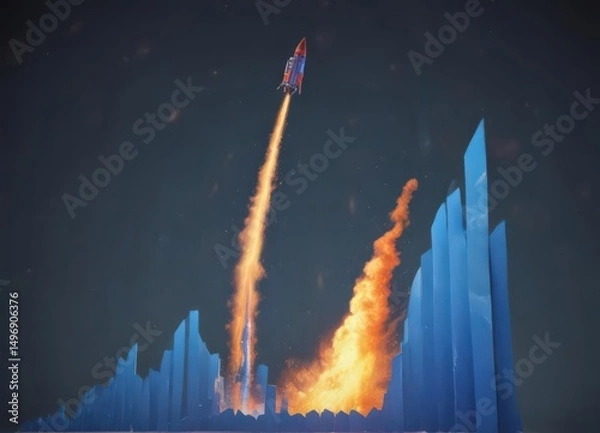 Fototapeta Fiery rocket blasting upwards from rising blue graph, signifying acceleration,  acceleration,  flight,  speed