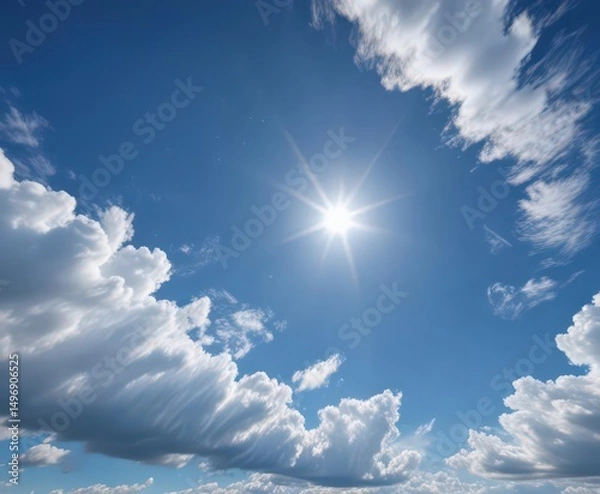 Fototapeta Deep blue sky canvas with scattered cirrus clouds, sunlit and bright,  clear,  heaven,  nature