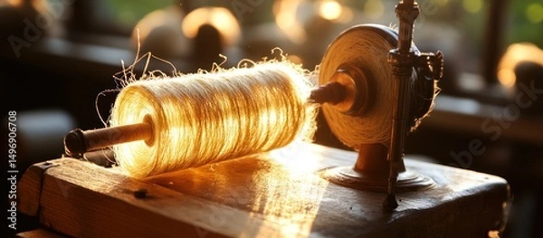 Fototapeta Vintage flax processing machine bathed in warm light creating a nostalgic atmosphere
