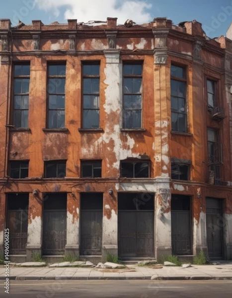 Fototapeta Distressed urban building, exposed rust, flaking paint , aged metal, aged building
