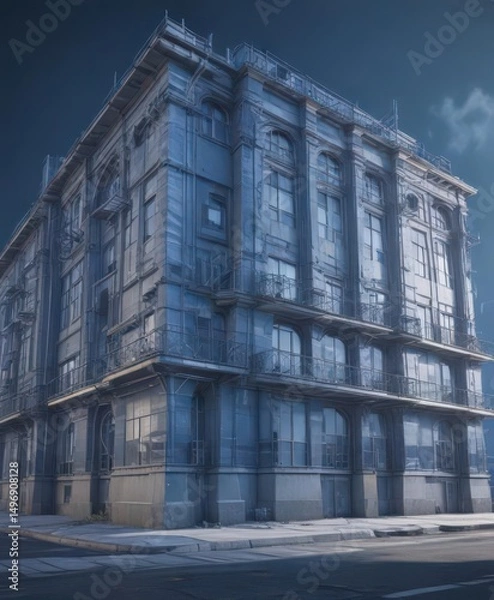 Fototapeta Blueprint style building technical drawing photo effect, cyan, geometric