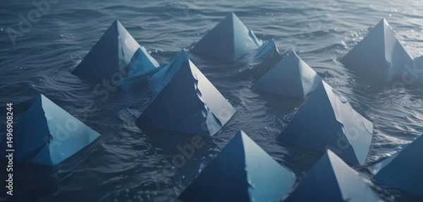 Fototapeta Interlocking triangles depict dynamic ocean waves; minimalist blue gradient ,  illustration,  texture,  minimalist