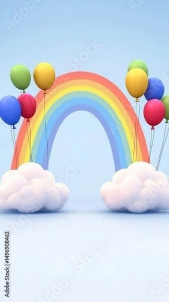 Obraz A colorful rainbow arches between fluffy clouds, surrounded by vibrant balloons against a light blue sky.
