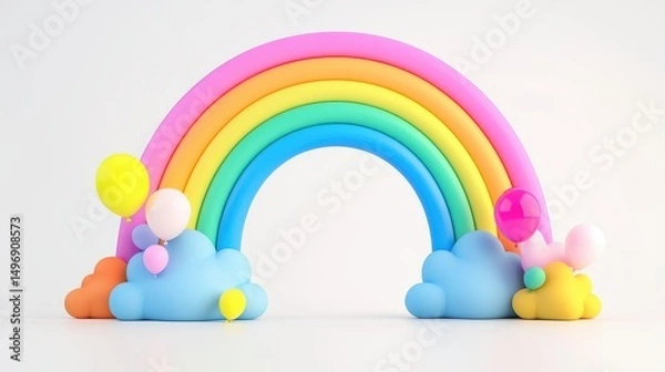 Obraz A colorful rainbow arches over blue and yellow clouds with balloons, set against a clean white background.