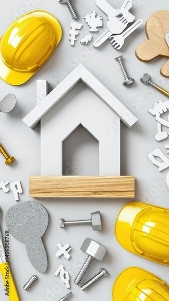 Obraz A house model surrounded by construction tools, screws, nuts, bolts, and yellow safety helmets on a light background.