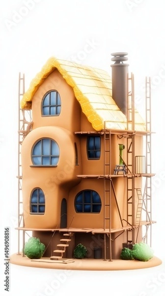 Obraz A whimsical house under construction, featuring scaffolding, rounded windows, a yellow tiled roof, and surrounding bushes.