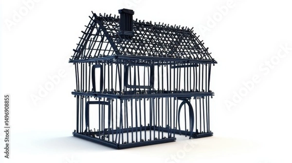 Obraz Wireframe model of a two-story house showing structural design on a white background.
