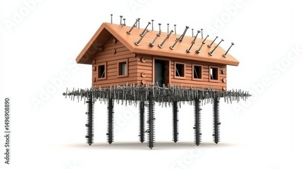 Obraz A wooden house is suspended by large screws, with additional screws protruding from the roof and sides, set against a white background.