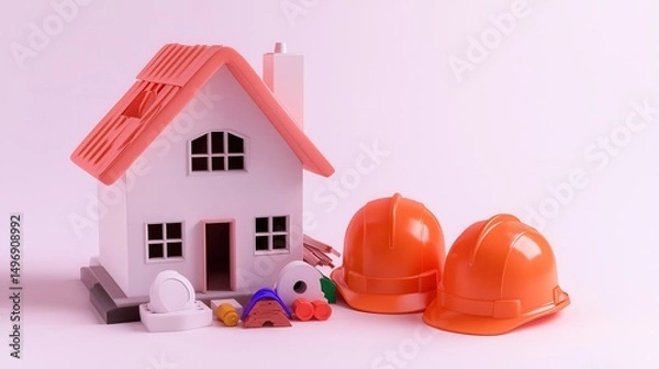 Obraz Model house with construction helmets and building tools, symbolizing home construction and safety.