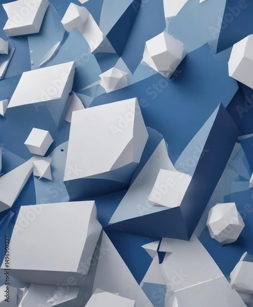 Fototapeta Layered abstract blue background with white geometric shapes, textured surfaces , luxury, modern
