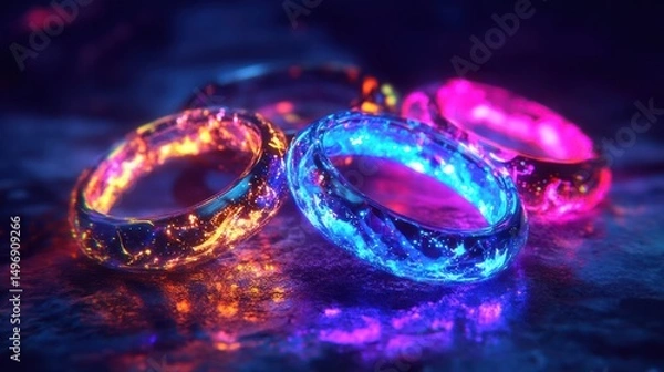 Fototapeta Luminous rings with an otherworldly aura displayed against a dark backdrop