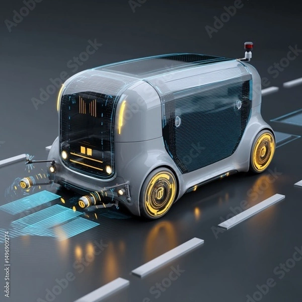 Fototapeta 3D autonomous vehicle, featuring lidar and cameras for fully automated driving and real-time environment mapping.