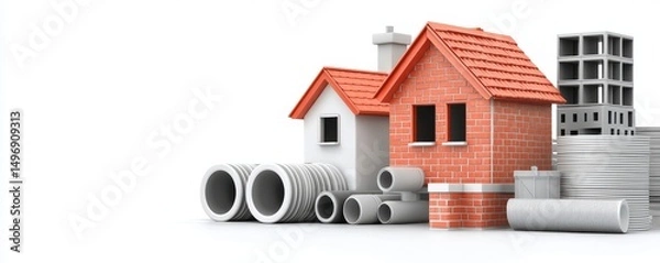 Obraz A small brick house surrounded by construction materials and building supplies on a white background.