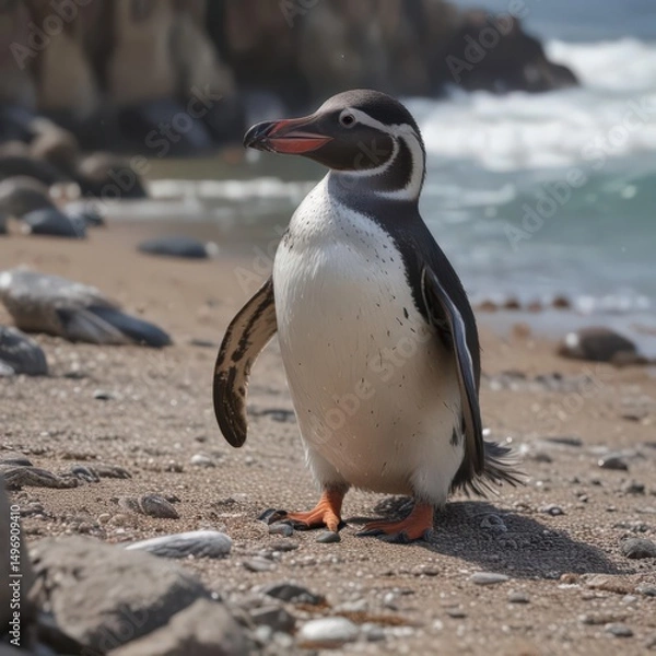 Fototapeta Humboldt penguin preening feathers on rocky beach,  beach,  colony