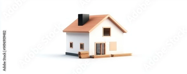 Obraz A small, modern house with a chimney and woodpile sits isolated on a white background.