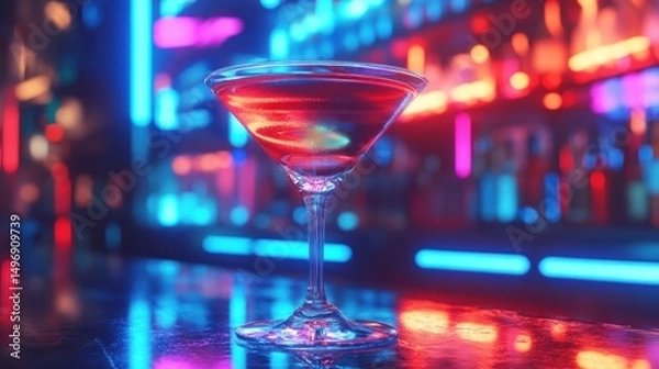 Fototapeta Vibrant cocktail presentation on a shimmering bar top under neon illumination