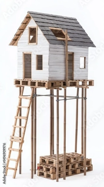 Obraz A small wooden stilt house with a ladder, elevated on tall bamboo poles and pallets, isolated on a white background.