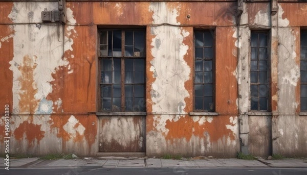 Fototapeta Weathered industrial facade, peeling paint, rusting metal details , weathered, building