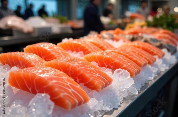 Fototapeta Chilled pieces of salmon fillet lie on display on ice