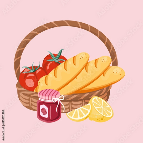 Obraz A cute picnic basket filled with fresh baguettes, ripe tomatoes, sweet jam, and lemon slices. Ideal for market themes. Vector illustration.