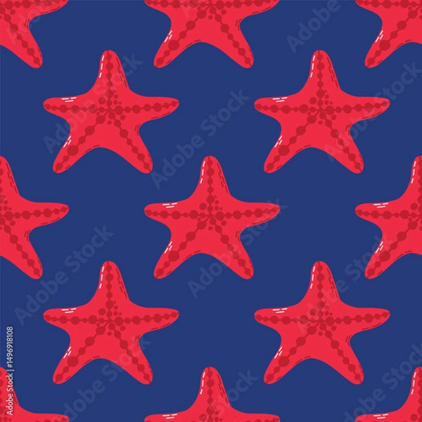 Fototapeta Seamless Pattern of Red Starfish on a Deep Blue Background. A seamless pattern featuring vibrant red starfish against a deep blue background, conveying a nautical and tropical theme suitable for print