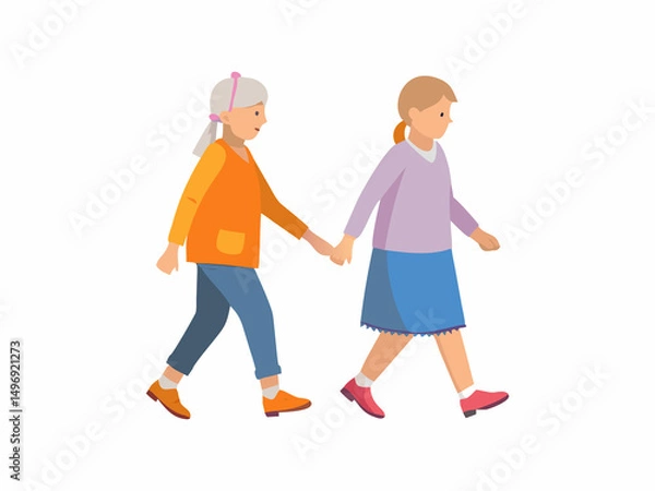 Obraz Two stylized illustrations of elderly women, one in a teal top and navy pants, the other in an orange top and brown skirt, are depicted walking confidently.
