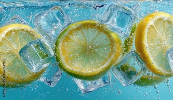 Obraz Close-Up of Lemon Slices and Ice Cubes in Water with Blue Background: Freshness and Coolness