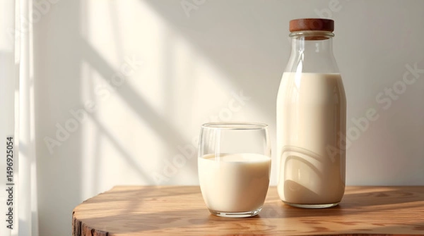 Fototapeta Fresh dairy drink in glass bottle and round glass on wood table ideal for ecommerce or farm-to-table promotions