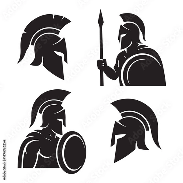 Fototapeta Spartan warrior silhouettes set helmet shield spear profile views