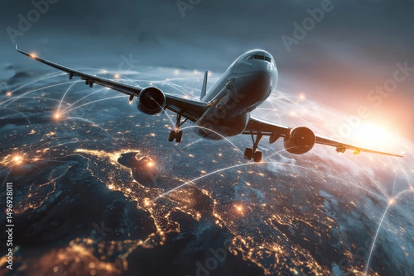 Obraz Cargo plane navigating global trade routes with illuminated cities and interwoven connections
