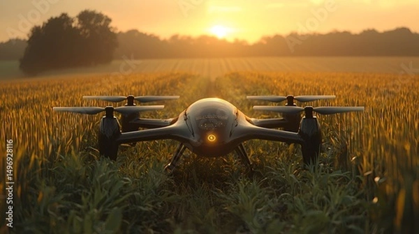 Fototapeta Drone in golden wheat field at sunrise
