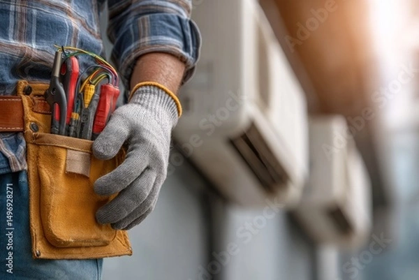 Obraz Close-up of technician with tool belt and gloves near air conditioning units