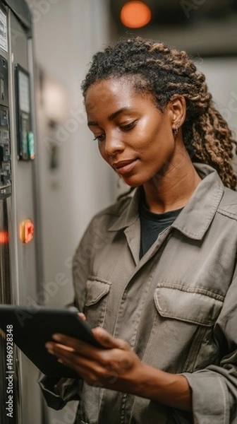 Obraz Female technician inspecting HVAC system with digital tablet