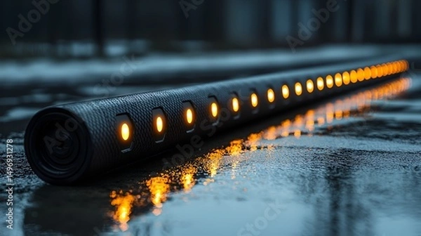 Fototapeta Illuminated safety barrier on wet road at night