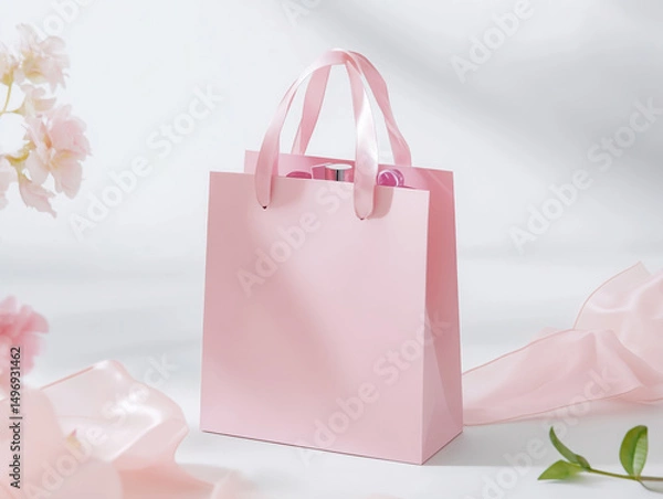 Fototapeta Minimal mockup of a pink paper gift bag with delicate flowers and soft fabric nearby. Light, airy composition for design, packaging, branding, or seasonal promotions.